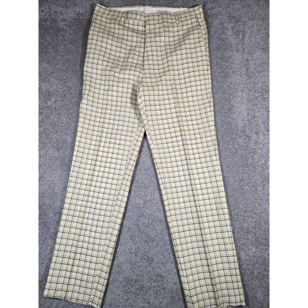 Vintage 70s Koraton Men's Plaid Yellow White Retro Perm Press Never Iron Pants - Picture 2 of 9